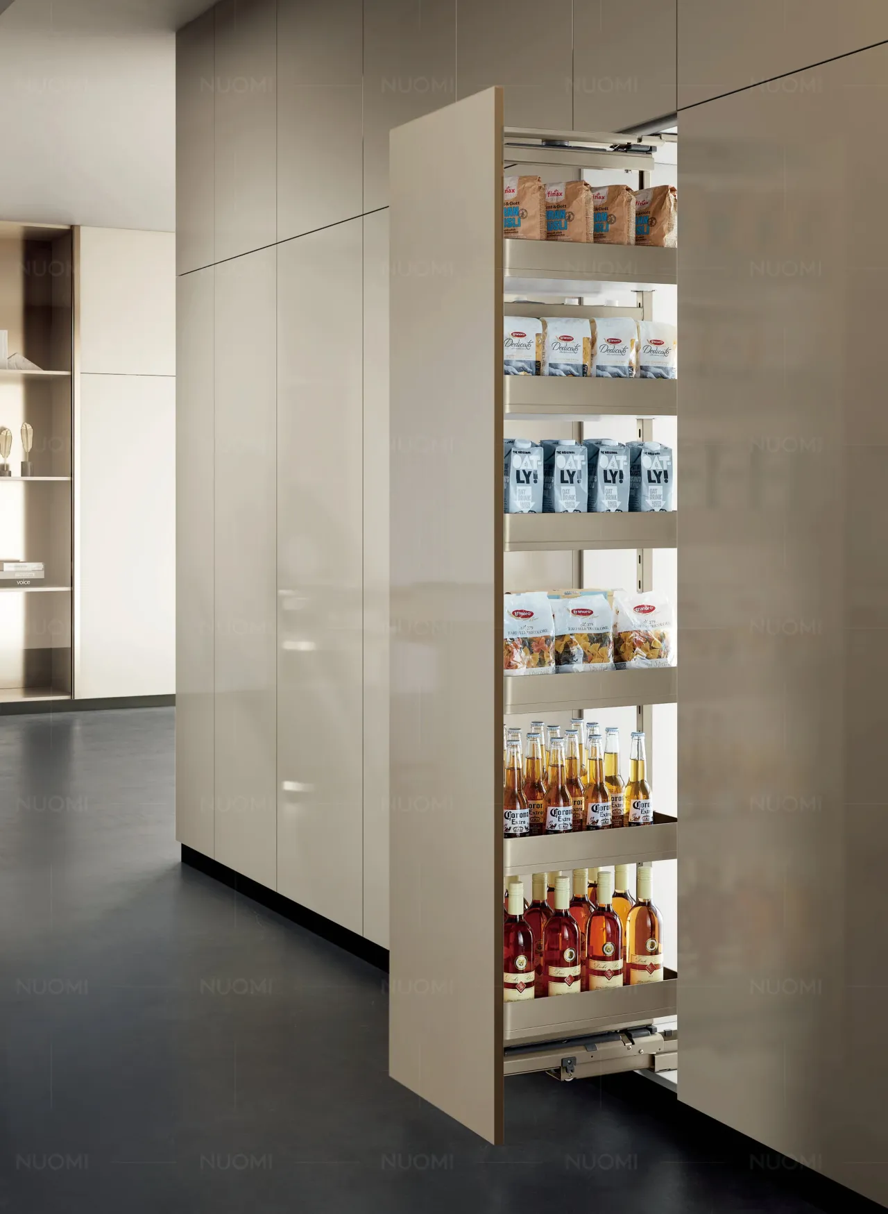 Tall pantry cabinet fitted with pull-out baskets