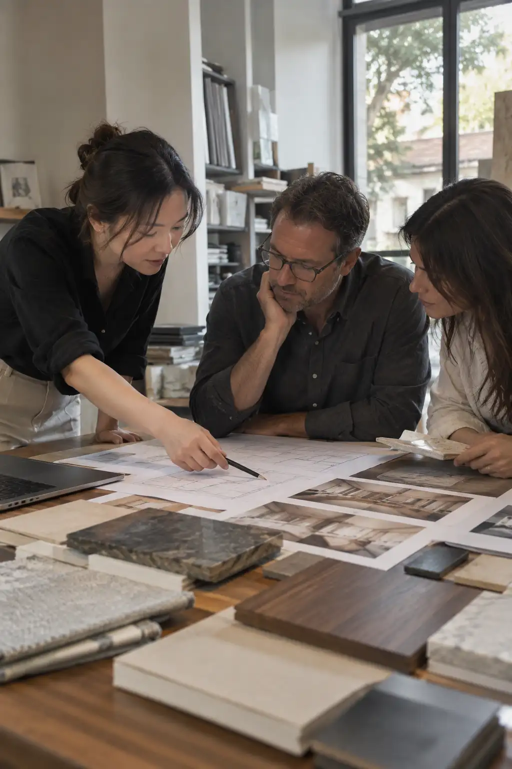 Three people reviewing a floor plan at a table with veined surface samples, wood-grain panels and interior references