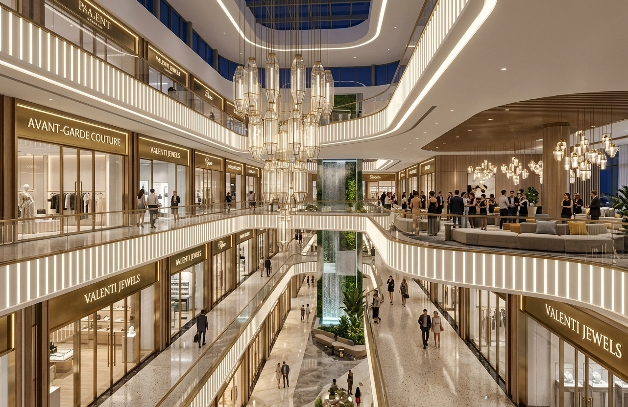 Multilevel shopping atrium with glass storefronts, curved balconies, pendant lights and shoppers