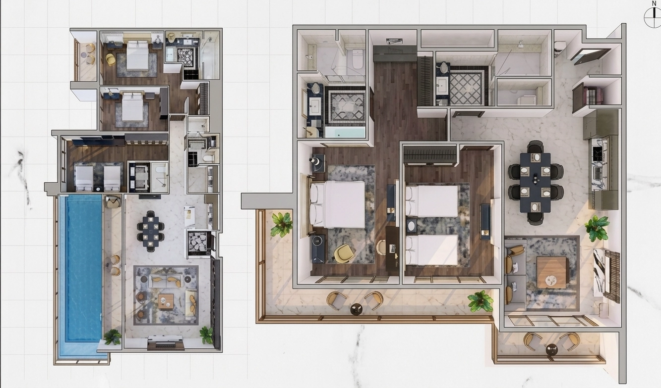 Two furnished residential floor plans showing bedrooms, living and dining areas, bathrooms and a swimming pool