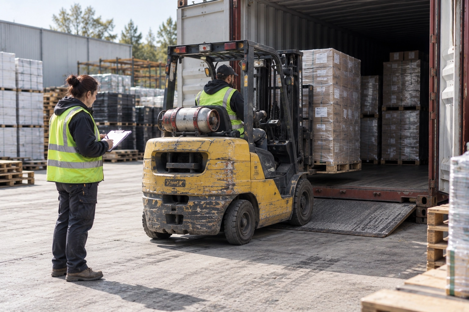 Worker holding a clipboard beside a forklift loading wrapped cartons on a pallet into a shipping container