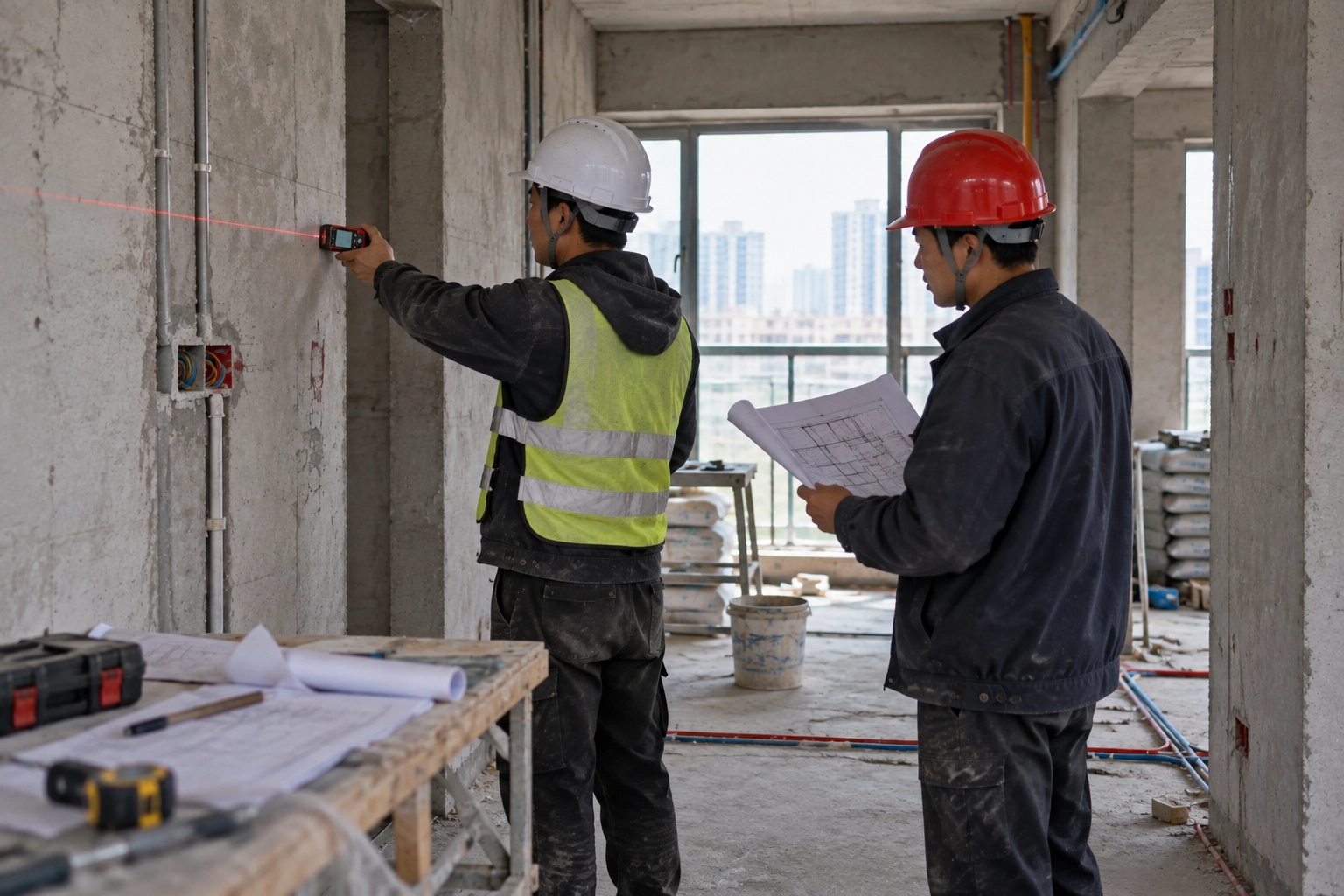 Two workers in hard hats checking an unfinished concrete interior with a laser measuring tool and floor plans