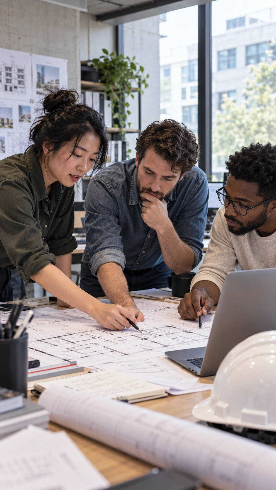 Three people reviewing architectural floor plans at a table with a laptop and white hard hat