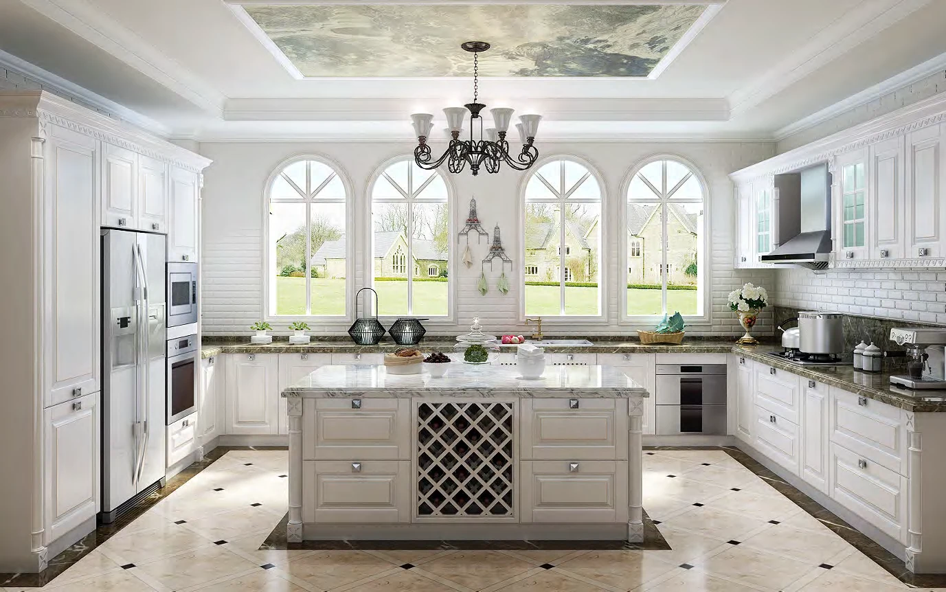 White classical kitchen with profiled cabinet fronts, an island and decorative upper details