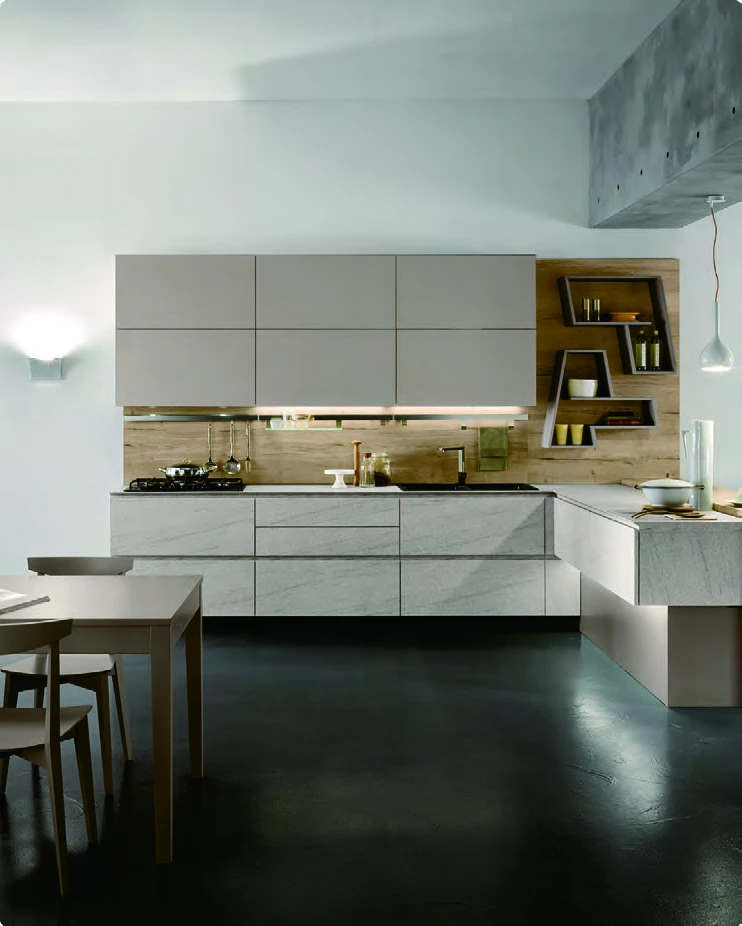 Flat-front kitchen with a peninsula and open display shelving
