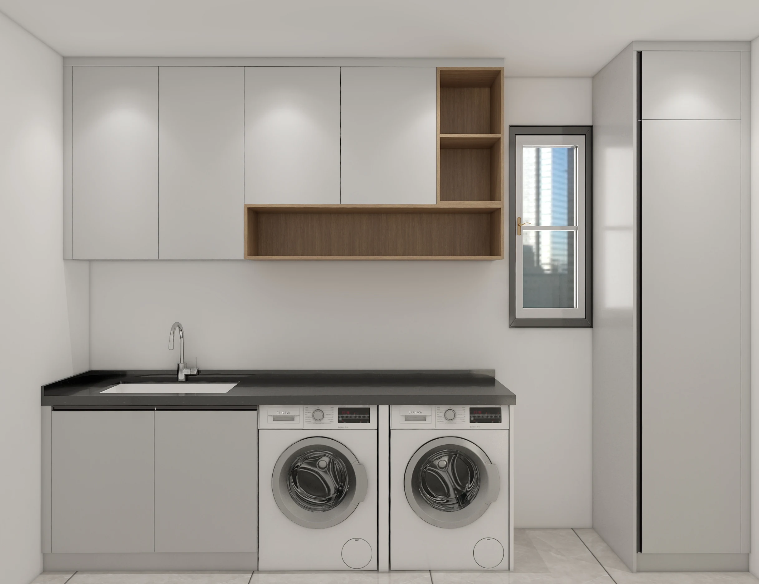 Laundry cabinet arrangement with two side-by-side appliances, a continuous worktop, upper cabinets and tall side storage