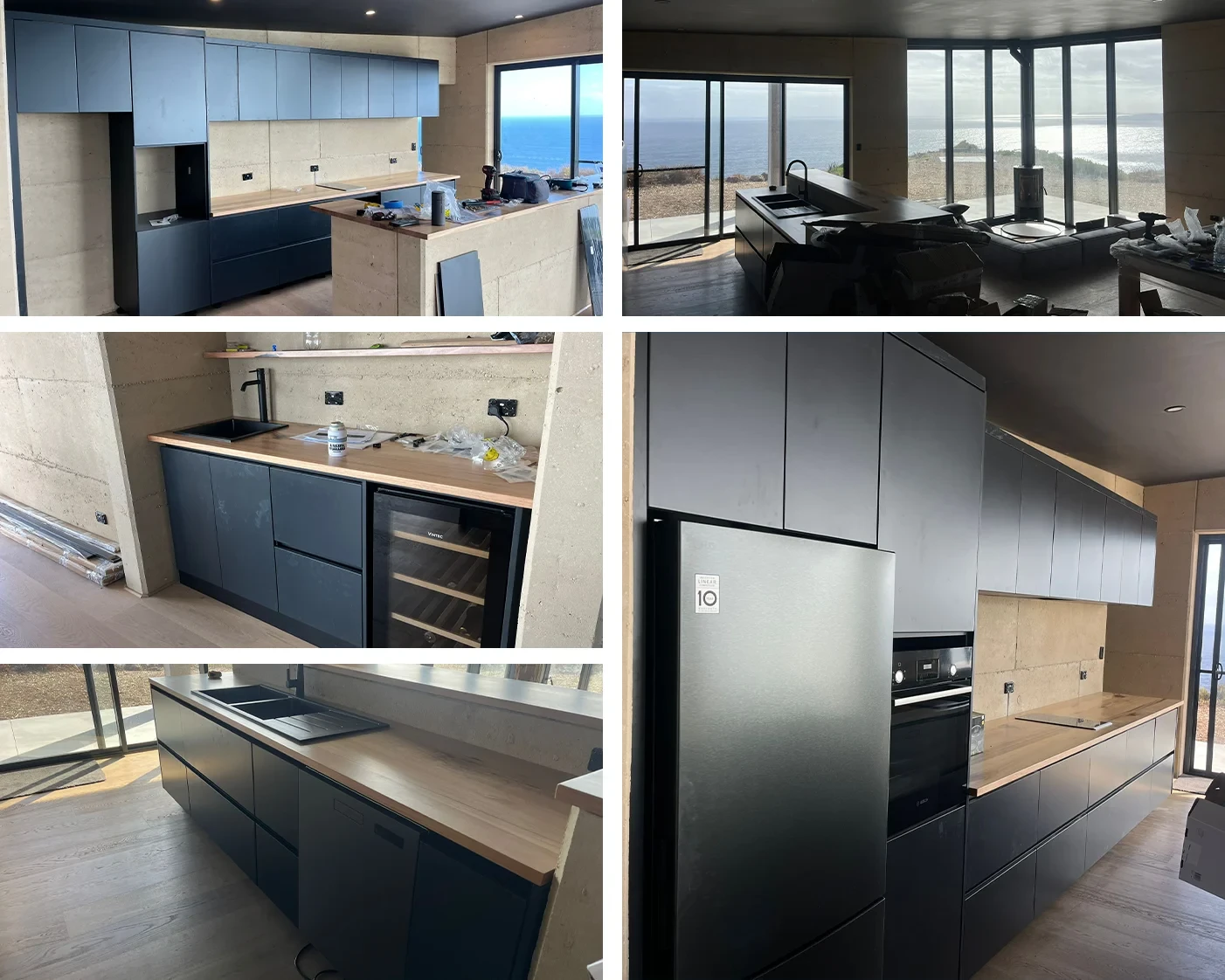 Published Australian villa site photographs showing dark-front kitchen cabinets and island cabinetry