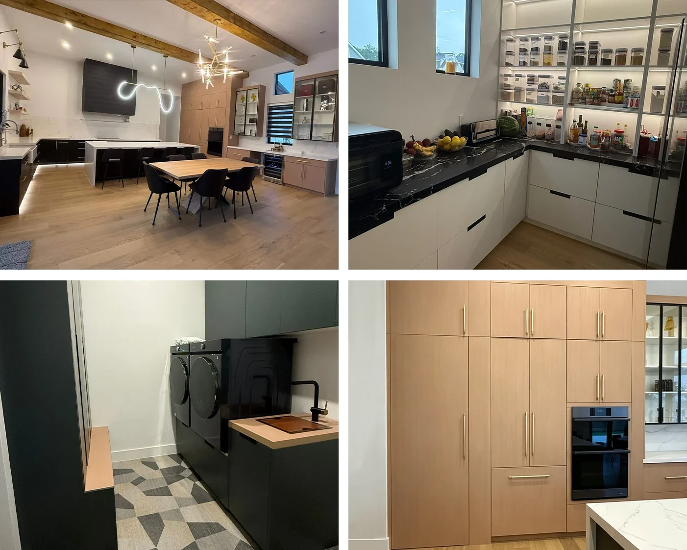 Published Texas villa project collage showing kitchen cabinets, an island, tall units and utility cabinetry