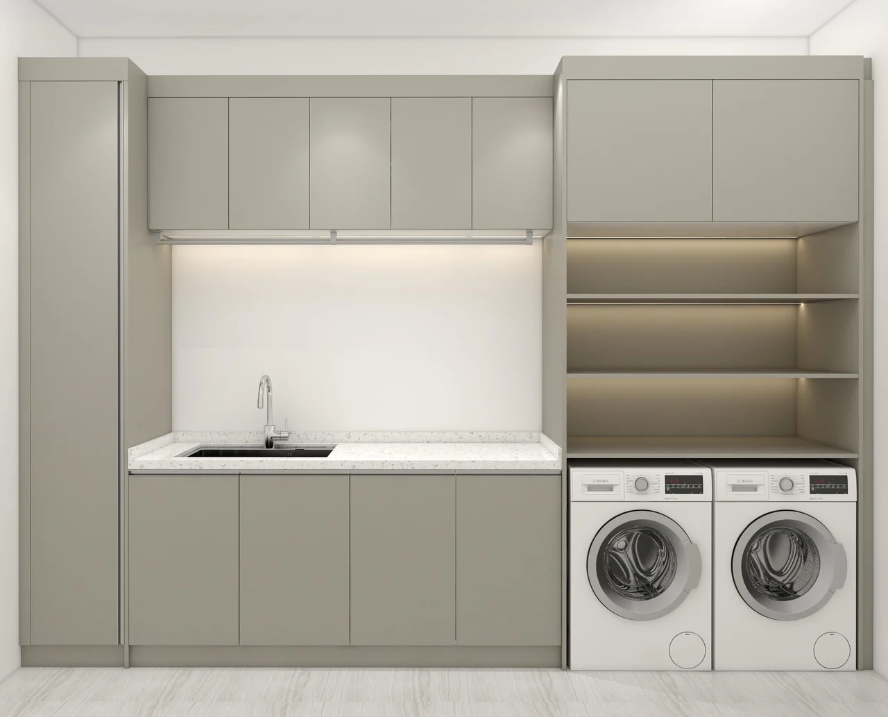 Gray laundry cabinetry surrounding two washing machines