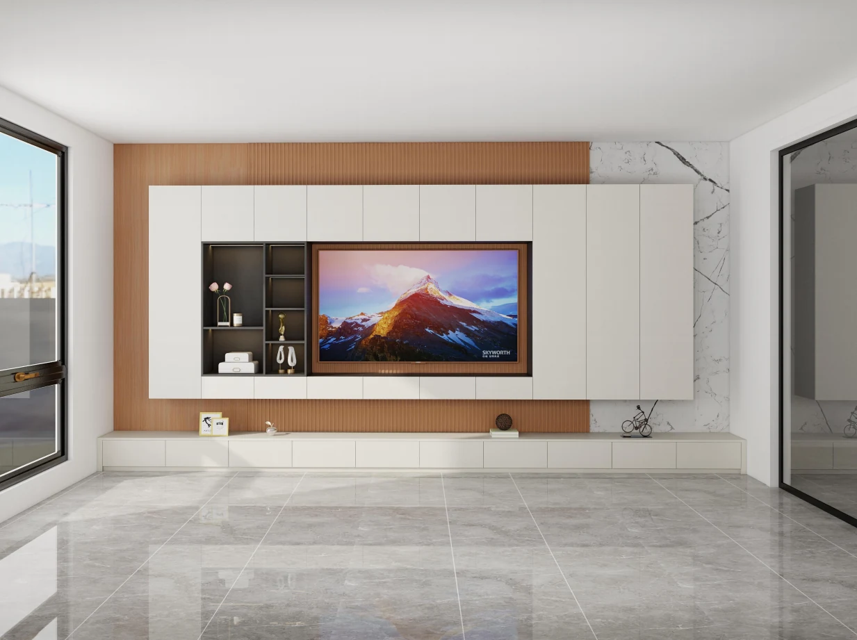 Television cabinet arrangement with low storage and wall display sections