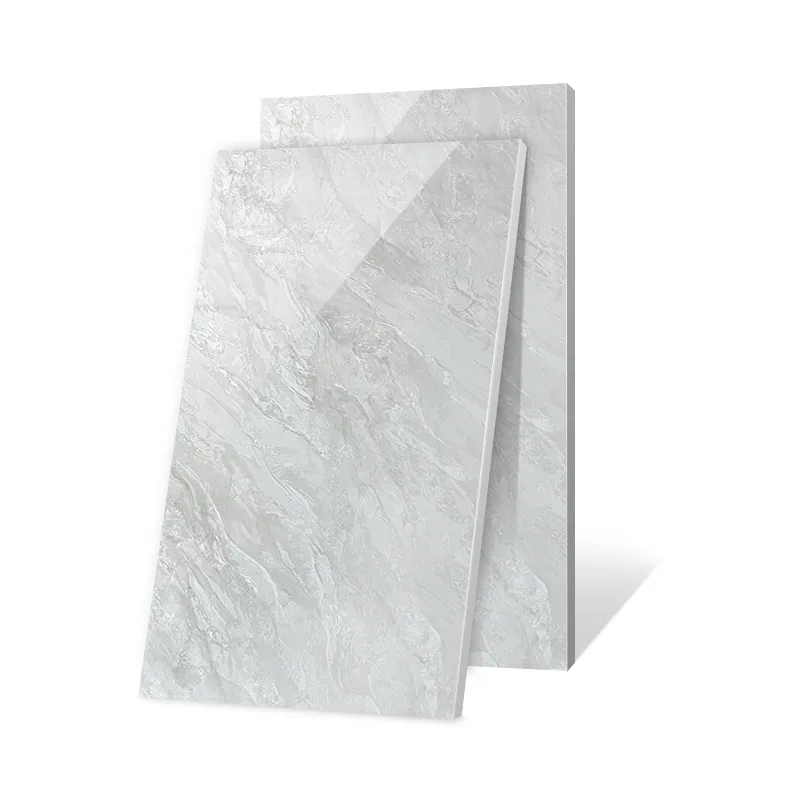 Two pale grey glazed porcelain tile samples with a stone-like pattern