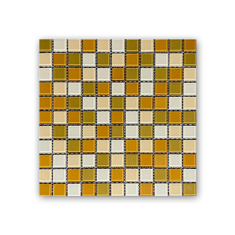 Square mosaic tile sheet in amber, olive, cream and white tones