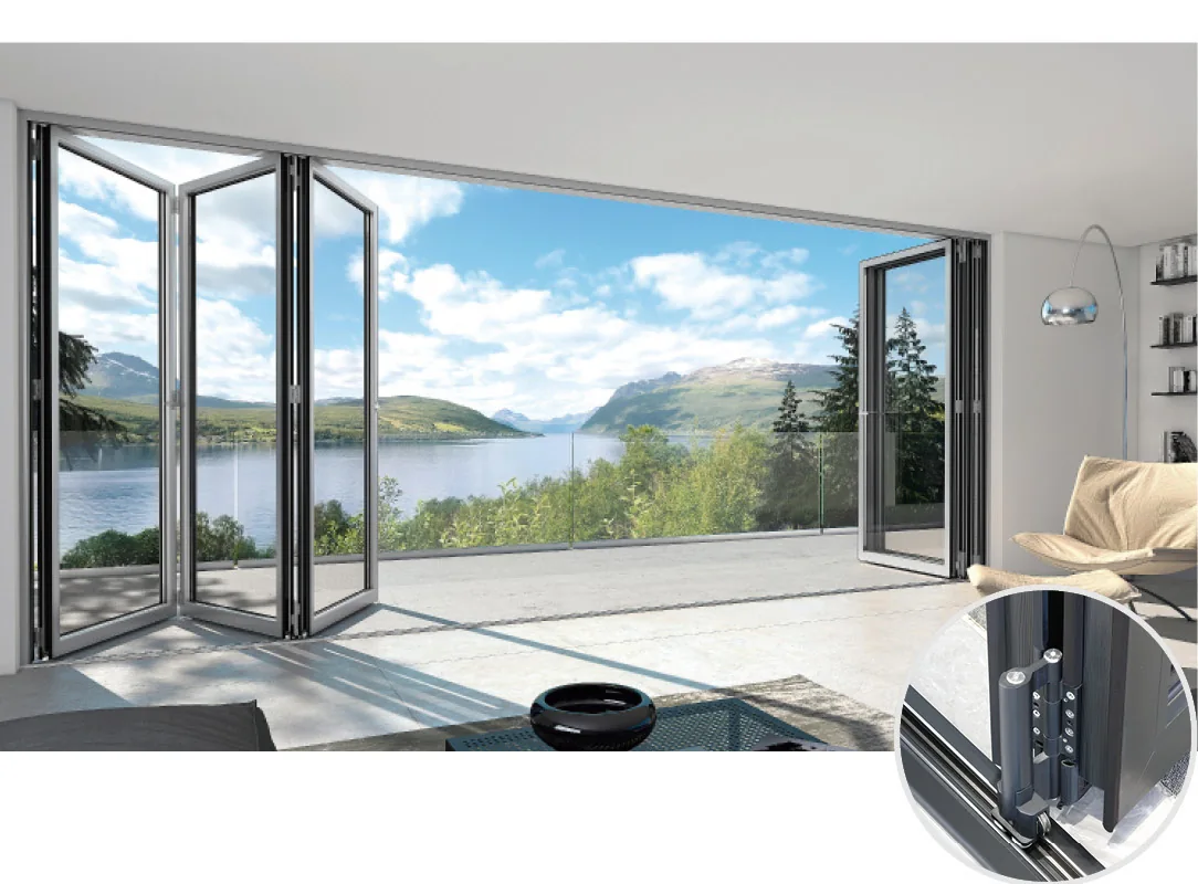Folding glass door panels stacked beside a lakeside terrace