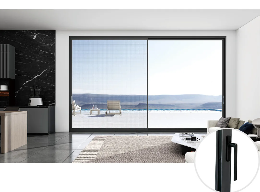Aluminum-framed sliding glass doors opening onto a pool terrace