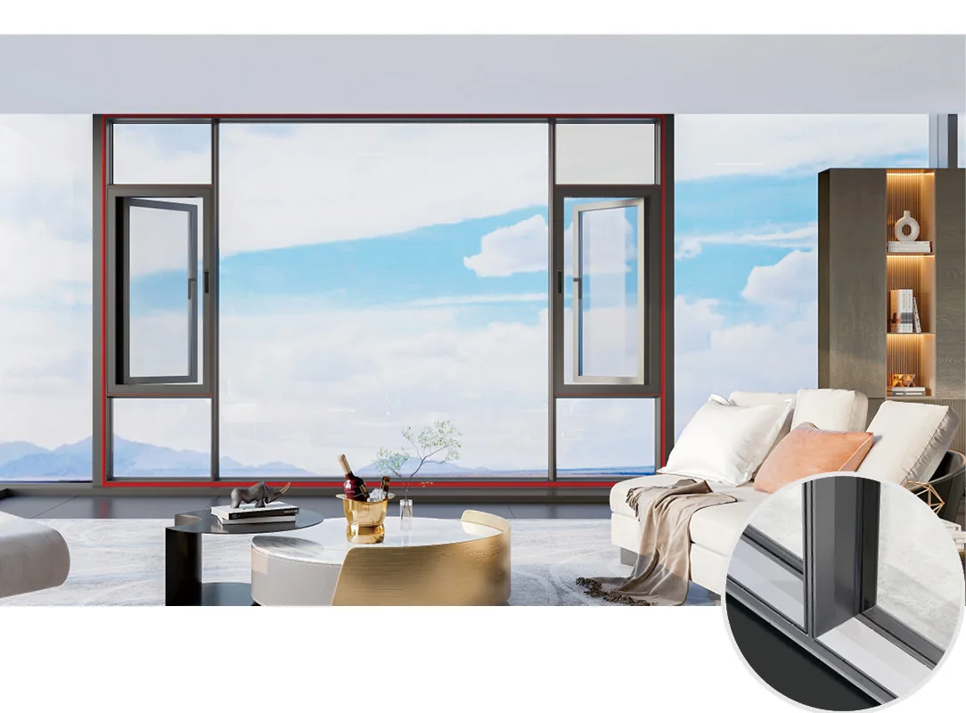 Black-framed casement windows with side-opening sashes beside fixed glass