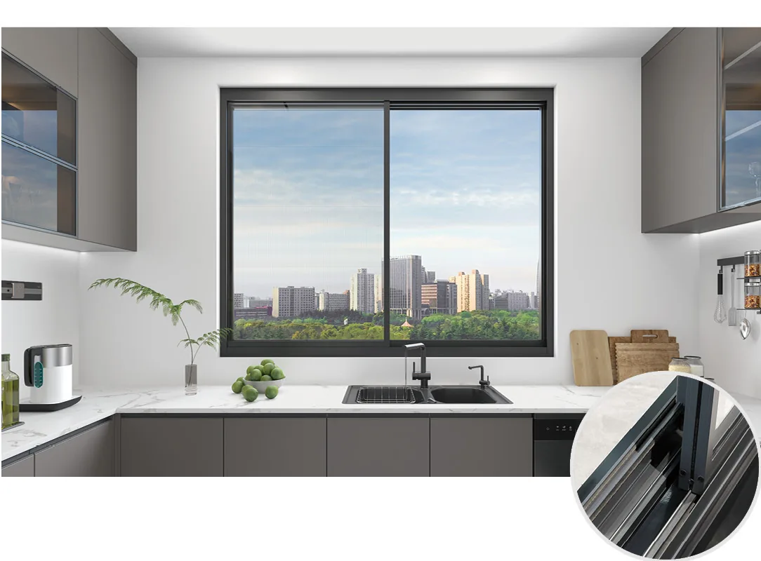 Black-framed sliding window above a kitchen sink