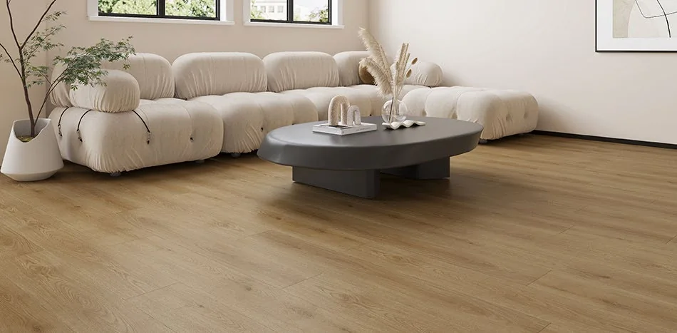 SPC flooring with wood grain under a sofa in a catalogue scene