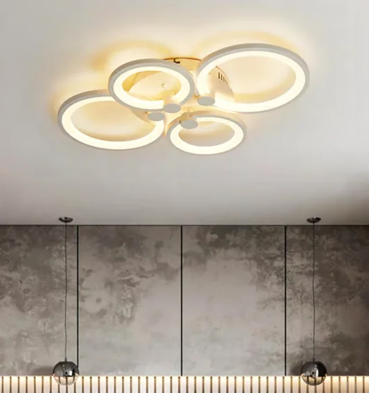 Linked circular ceiling light in a catalogue room