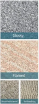 Four granite surface samples with glossy, flamed and textured appearances