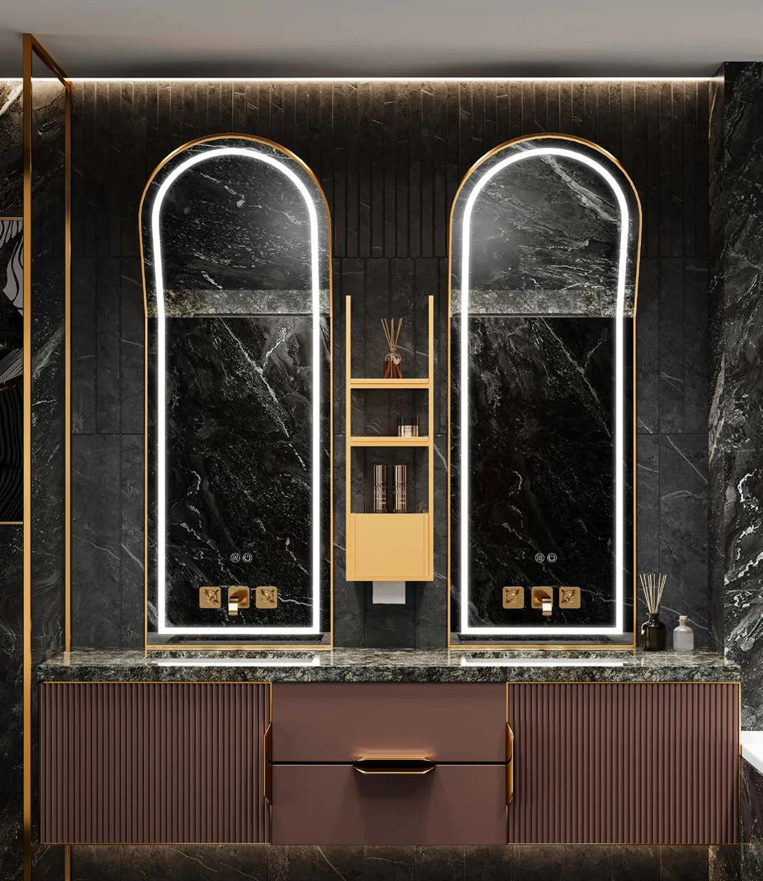 Two illuminated arched mirrors above a bathroom vanity