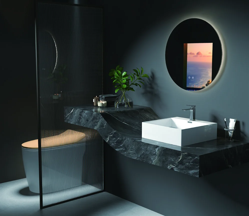 Rectangular countertop basin with a wall tap in a catalogue bathroom