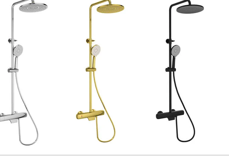 Three exposed shower sets shown in chrome, gold and black finishes
