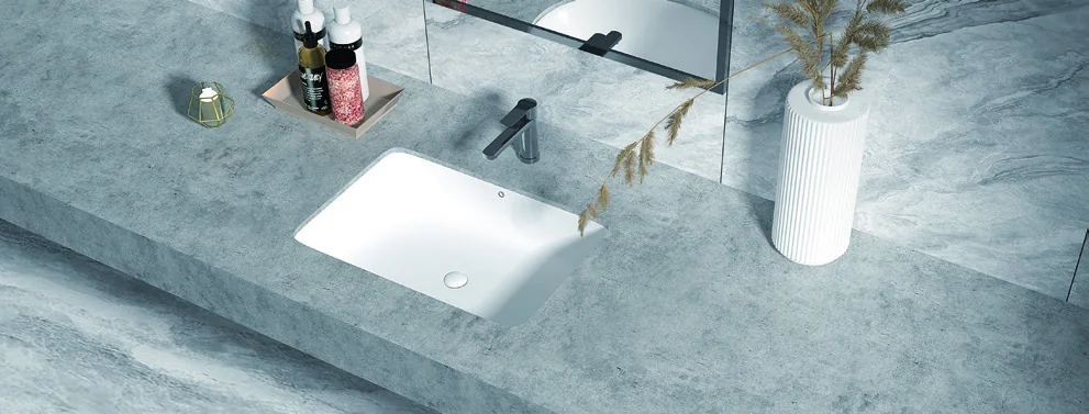 Inset rectangular basin and deck-mounted tap in a catalogue bathroom