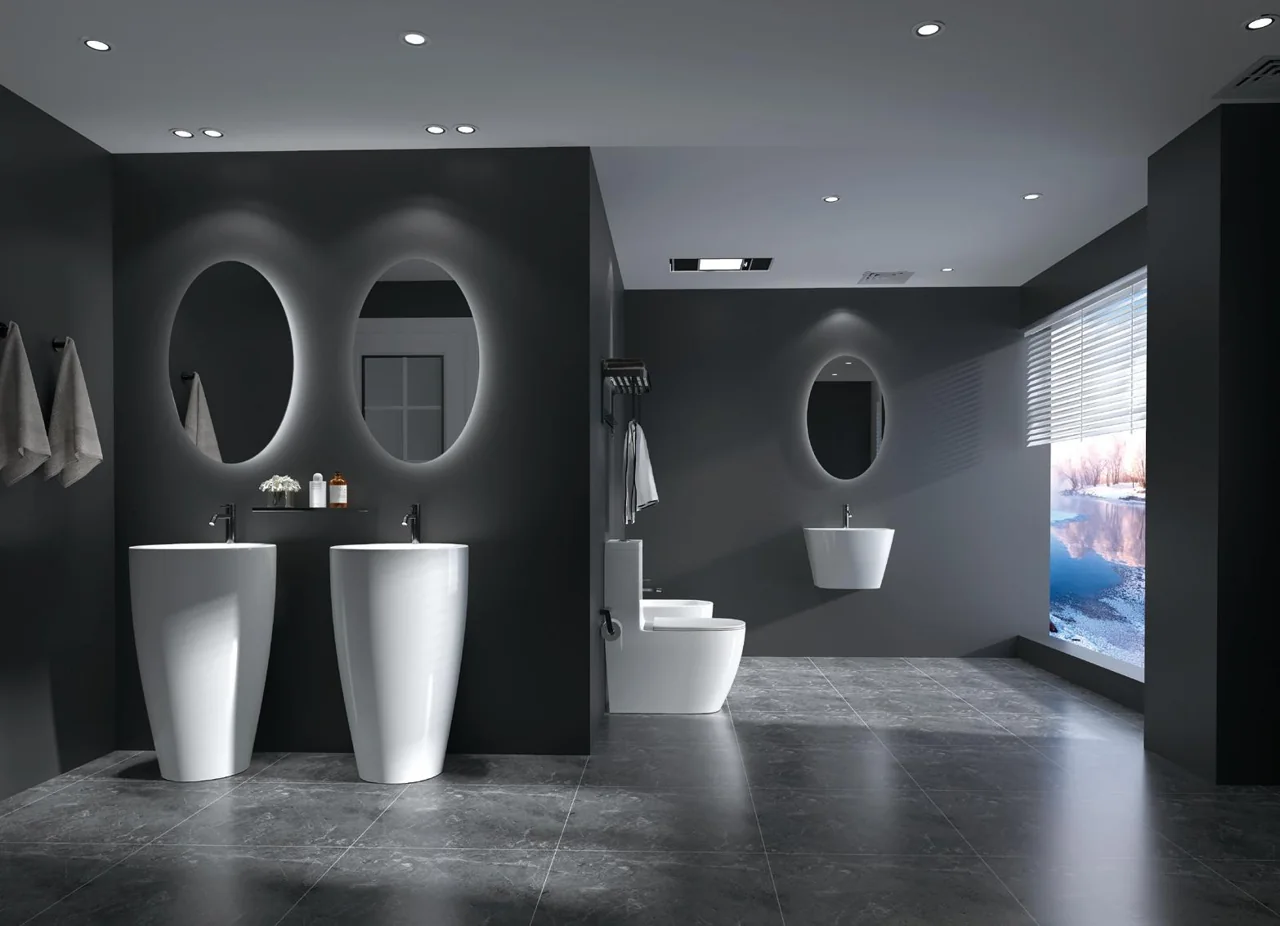 White toilet and pedestal basin in a dark bathroom catalogue scene