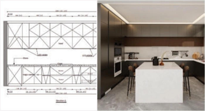Dimensioned cabinet elevation drawings beside a kitchen rendering with dark cabinetry and a white island