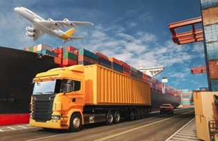 Composite scene with a container truck, cargo ship, aircraft and stacked shipping containers