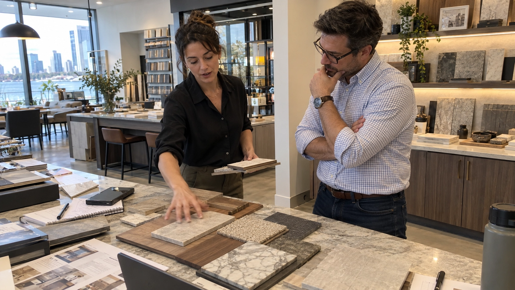 Two people comparing veined surface samples, wood-grain panels and fabric swatches on a showroom counter