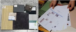 Labeled surface samples arranged on a table beside a person holding printed product sheets