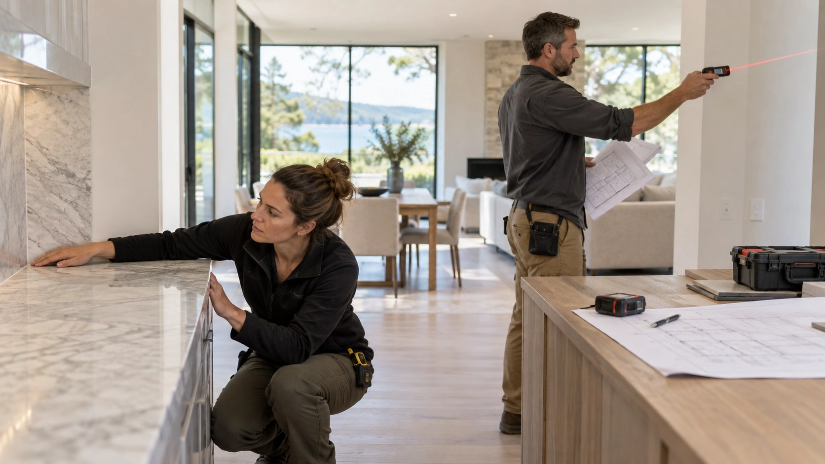 Two people checking a kitchen counter and wall with a laser measuring tool, with drawings on the island