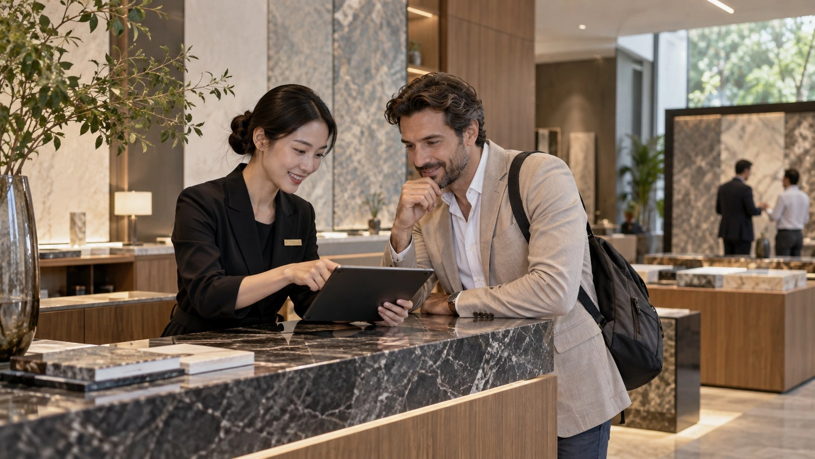 Two people reviewing a tablet at a black veined showroom counter