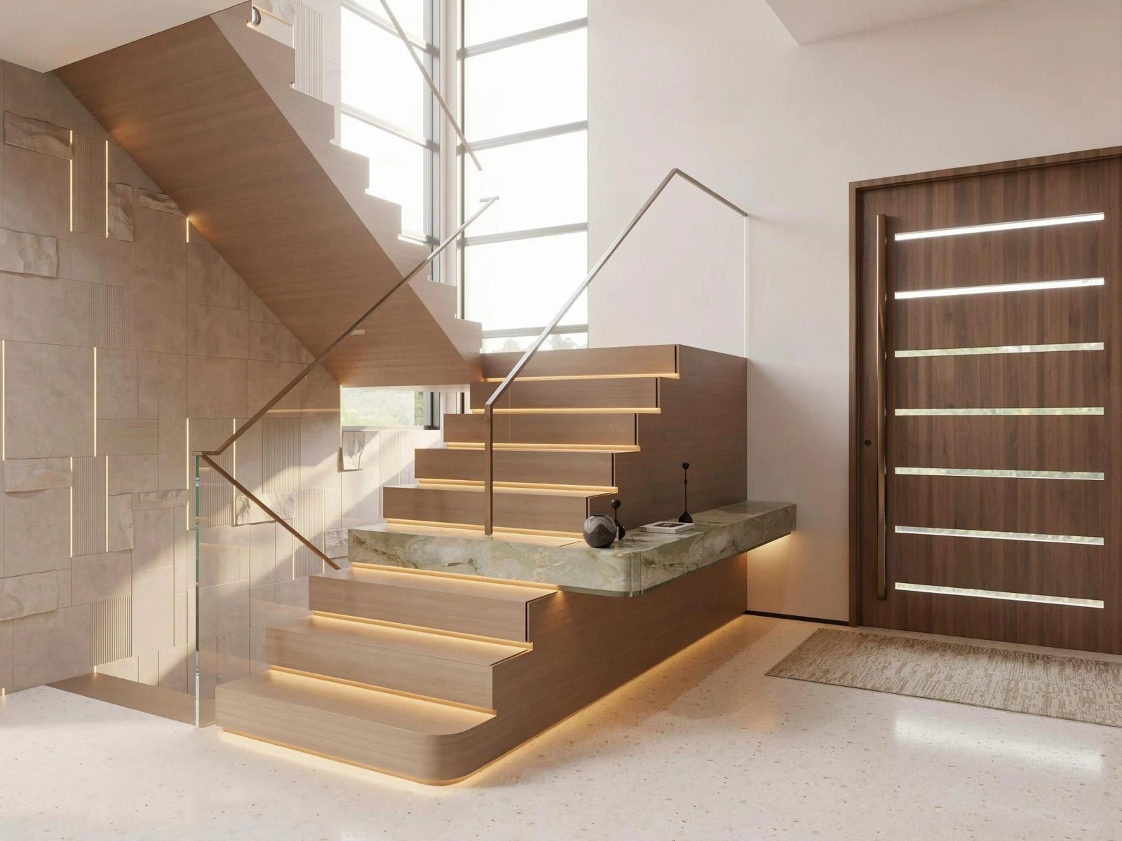Jones residence design proposal showing a timber staircase, metal handrails, stone wall finishes and integrated lighting