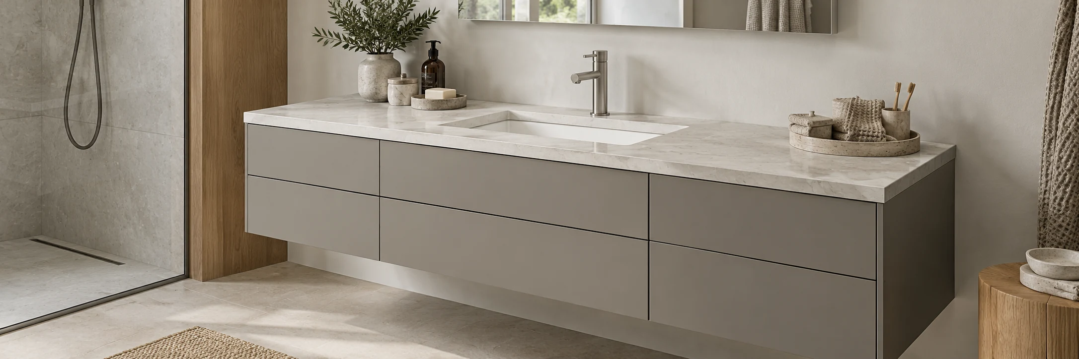 Fitted grey vanity cabinetry with a pale stone countertop, rectangular basin and metal faucet