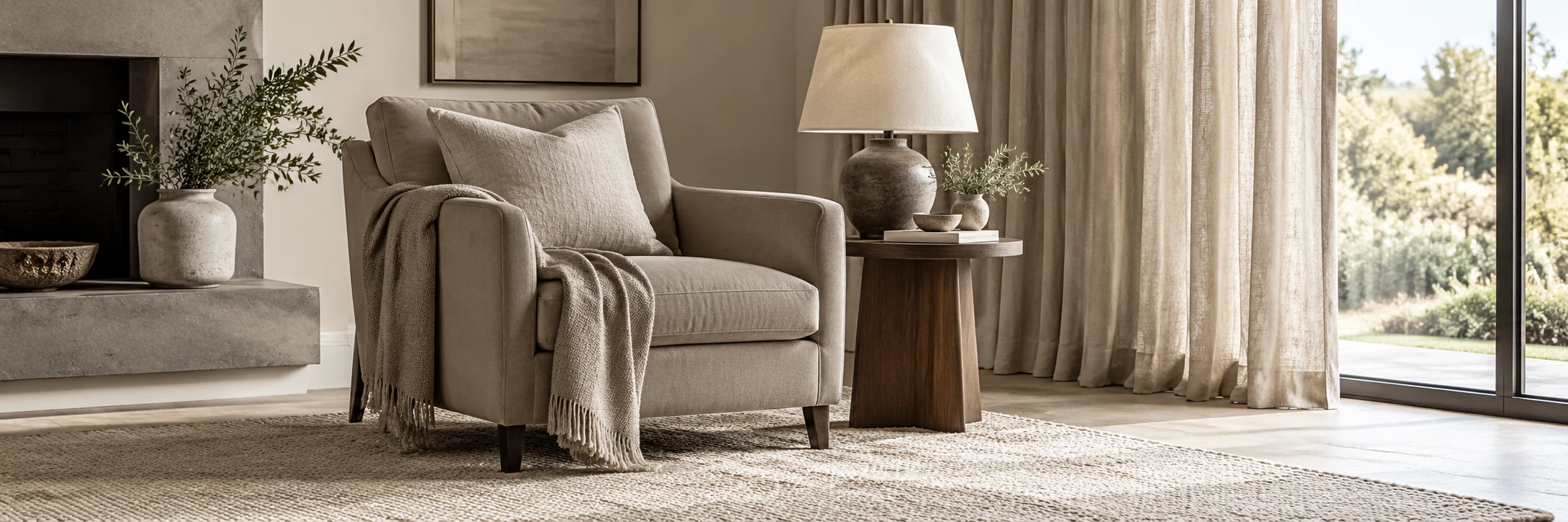 Upholstered armchair, wood side table, ceramic lamp, textured rug and linen curtains
